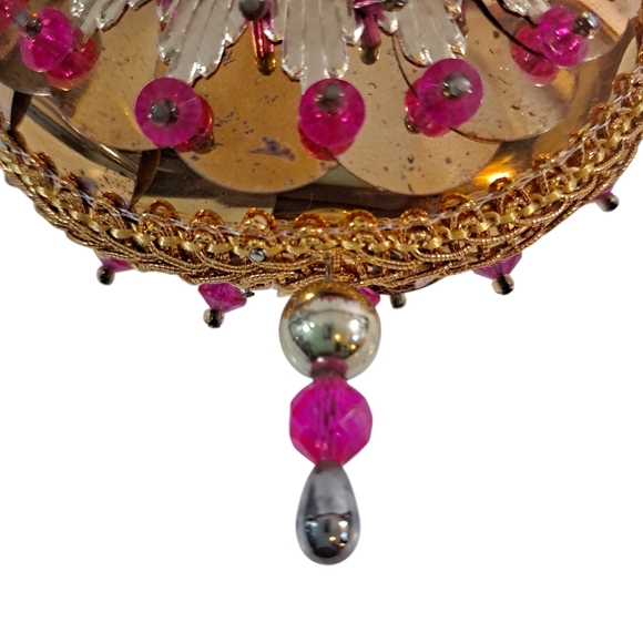 Vintage Beaded Push Pin Christmas Ornament Gold Pink Sequins Retro MCM - Picture 7 of 9